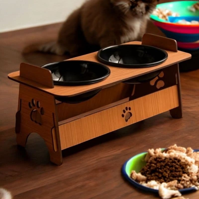 Comedouro Elevado em MDF para Cachorro e Gato – Design com Patinhas