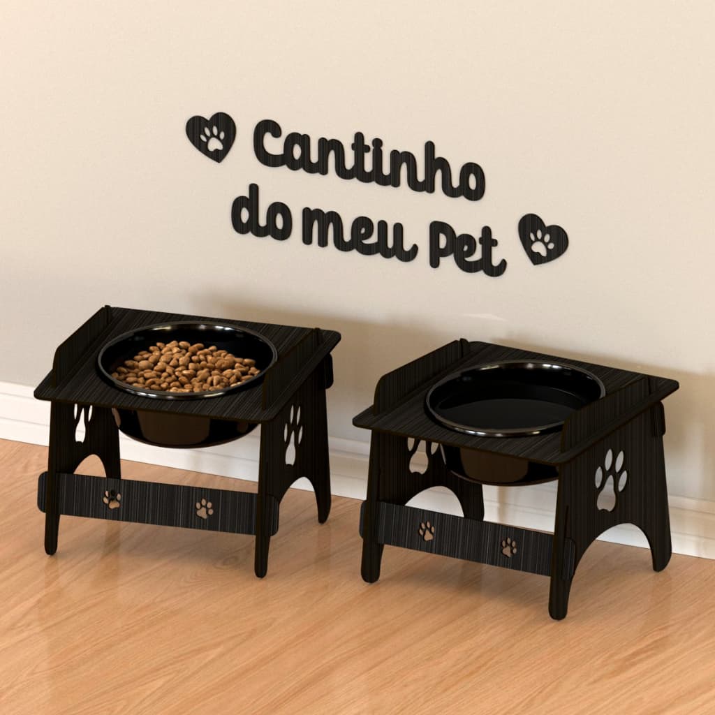 Comedouro Para Pet 2 Unidades + Quadro Decorativo De Madeira