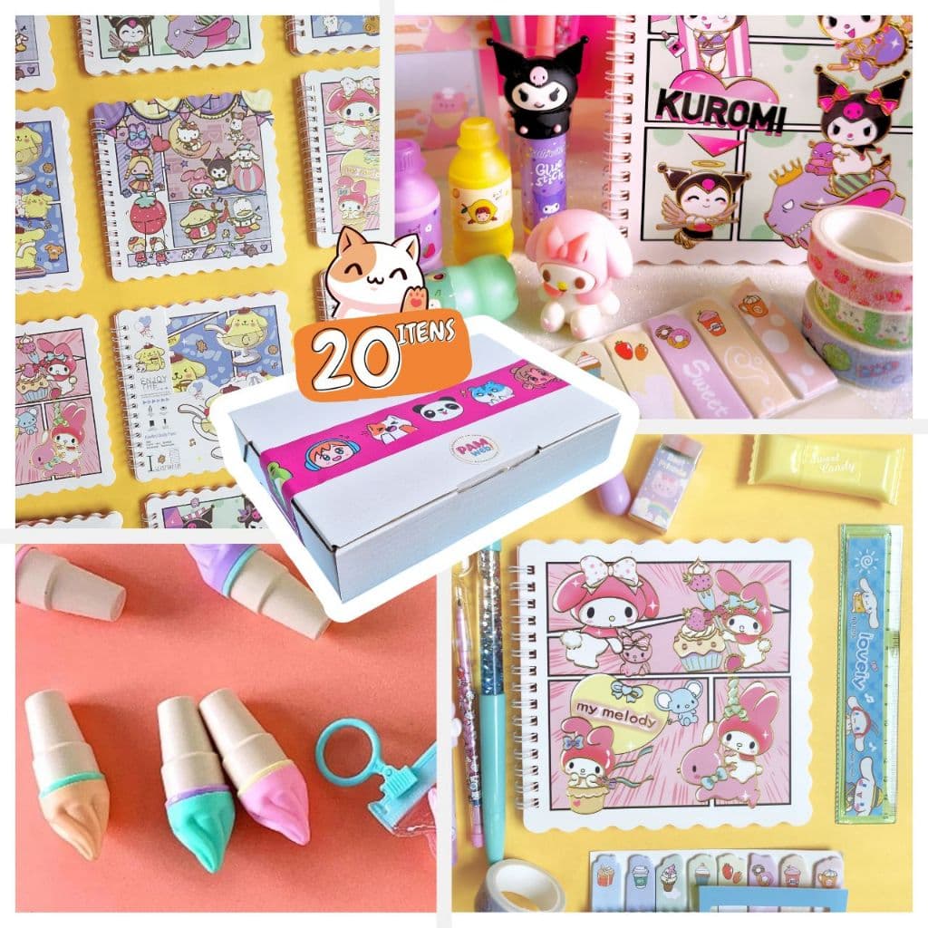 Kit Papelaria Fofa Kawaii Com 20 Itens - Presente Criativo Marca Texto Caneta Fofa Caderno Adesivo Menina Menino Amigo