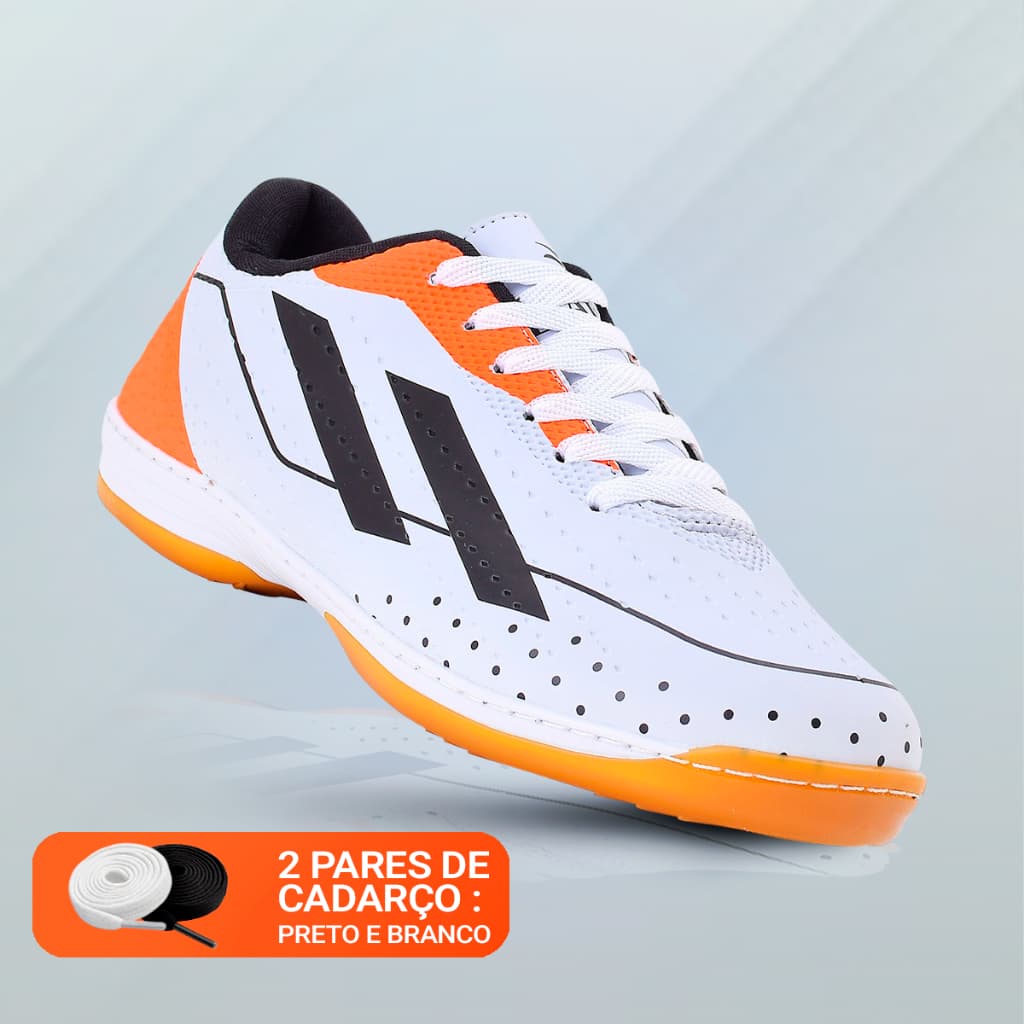 Chuteira de Futsal Unissex Branco Laranja Futebol Quadra Salão e Campo com Solado Costurado