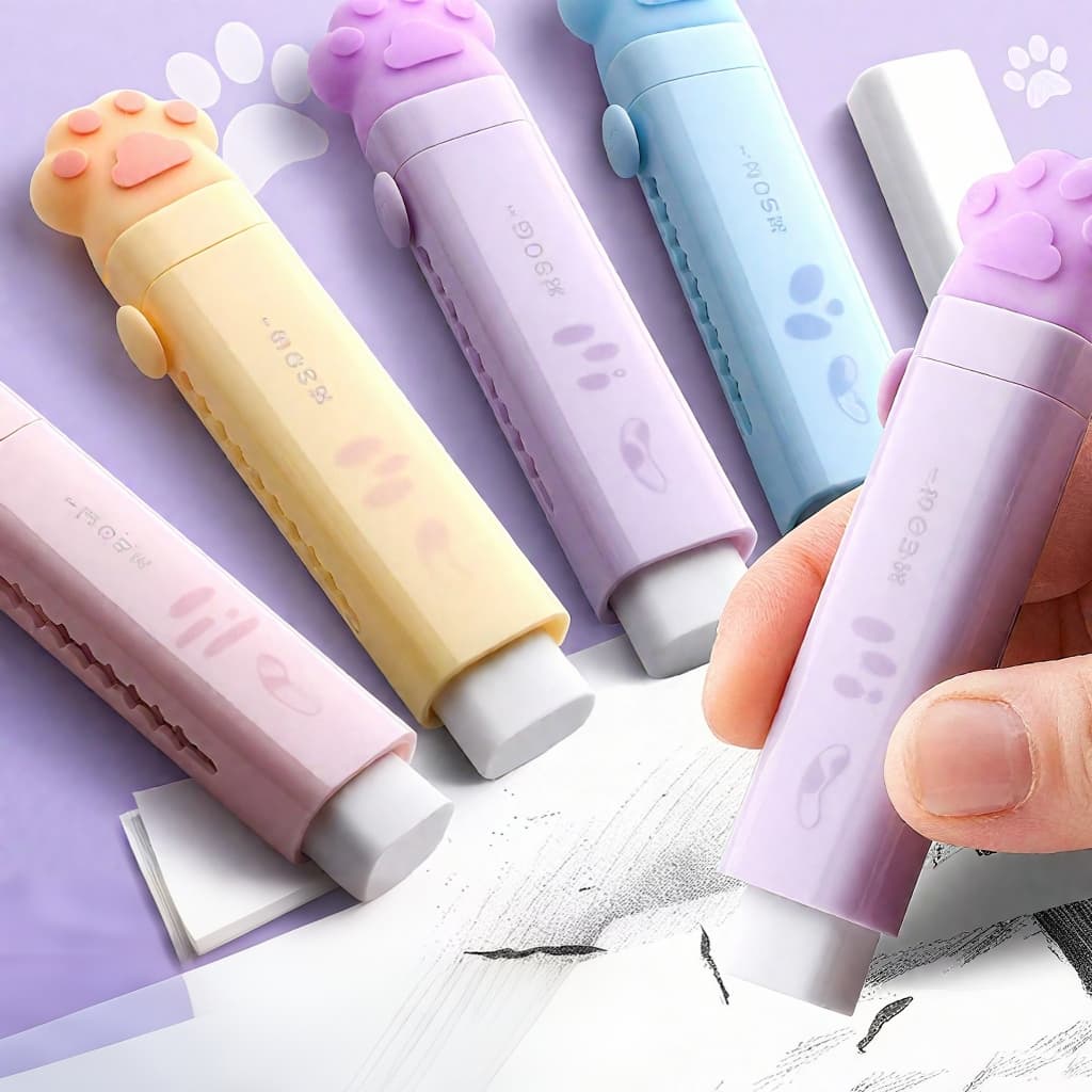 Borracha de Lápis Kawaii com Patinha de Gato | Material Escolar Fofo de Desenho Animado
