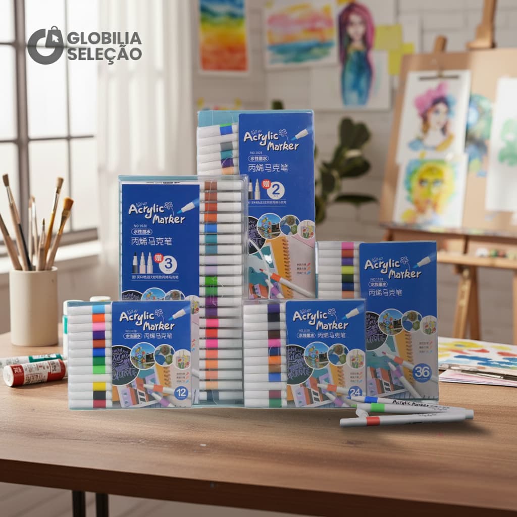 ✨【Novidades】12/24/36/48 Cores Caneta Acrílica, Canetinhas Coloridas Marcadores Acrílicos Kit,Metal, Tecido, Brush Paint