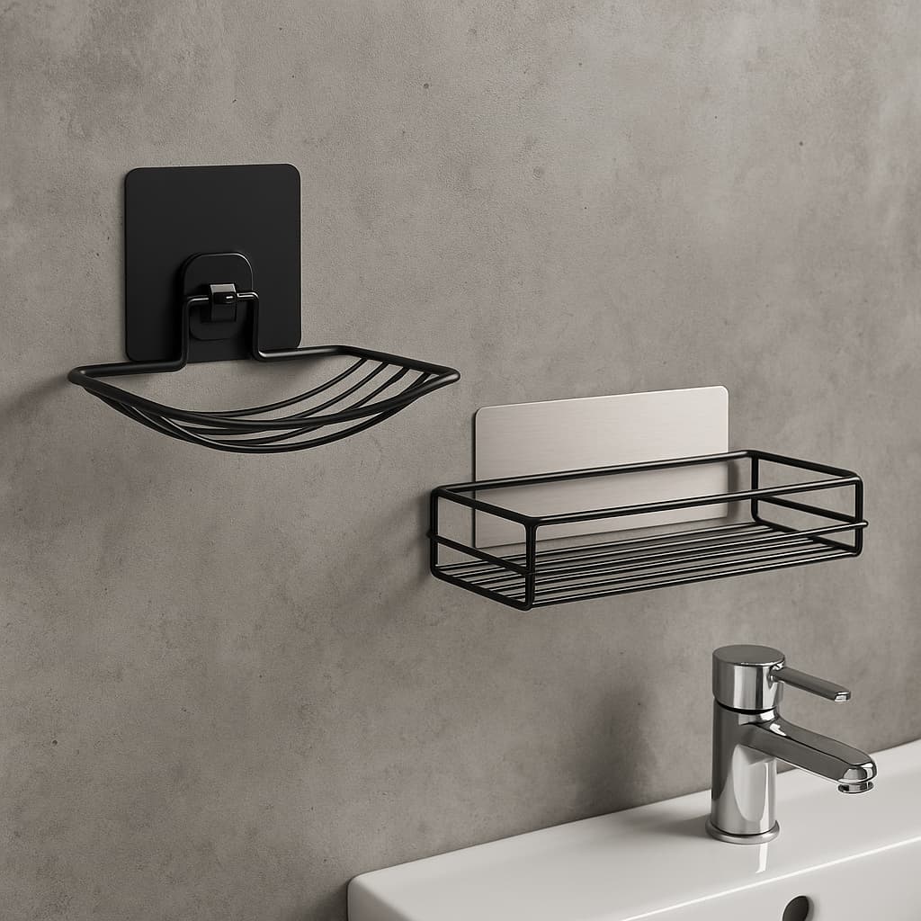 Suporte para Banheiro + Saboneteira Preta Inox Moderno Organizador Parede Lavanderia Elegantes