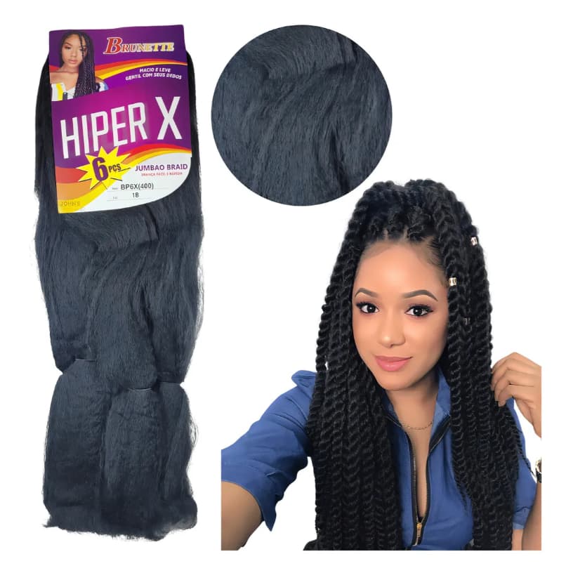 Cabelo Jumbo Jumbão Hiper X 400g Fibra Especial Trança Twist Cor Preto #1