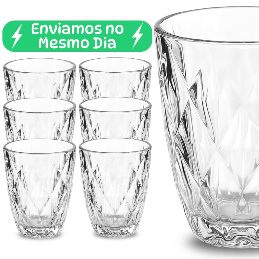 Jogo de Copos Diamond 300ml Vidro Grosso Diamante Luxo