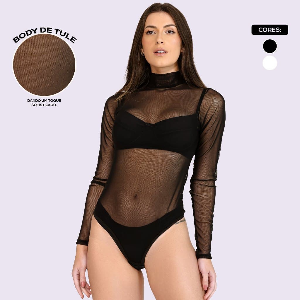 Body de Tule Gola Alta Moda Feminina Manga Longa Transparente D'ocê Modas