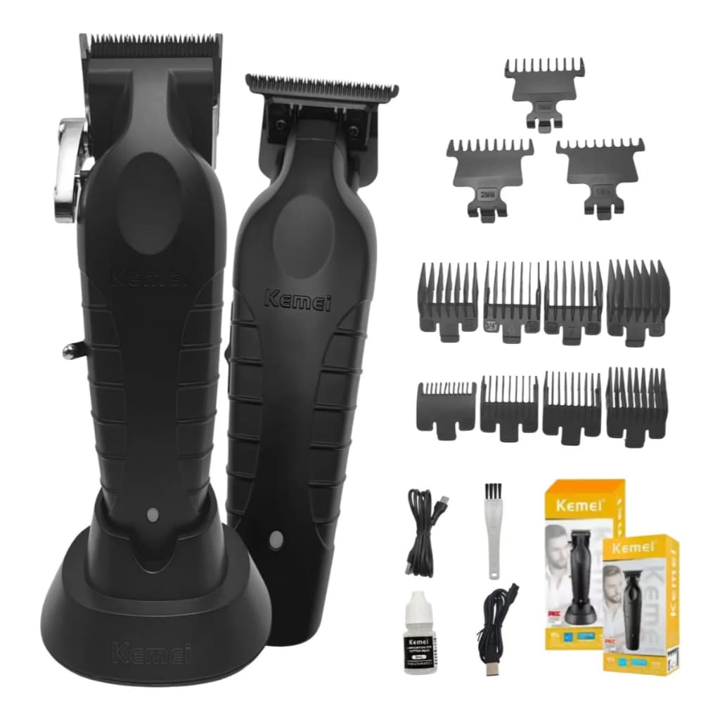 Kit 02 Máquinas Profissional Kemei Original 2296 de Corte + Kemei 2299 de Acabamento Cor Preto