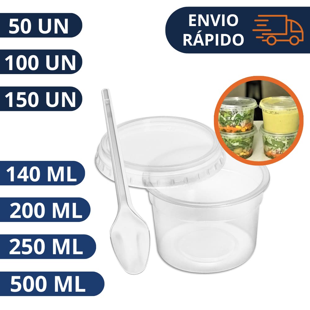 Potes Descartáveis Redondo Transparente 140/200/250/500ml com Tampa e Colher Freezer e Microondas