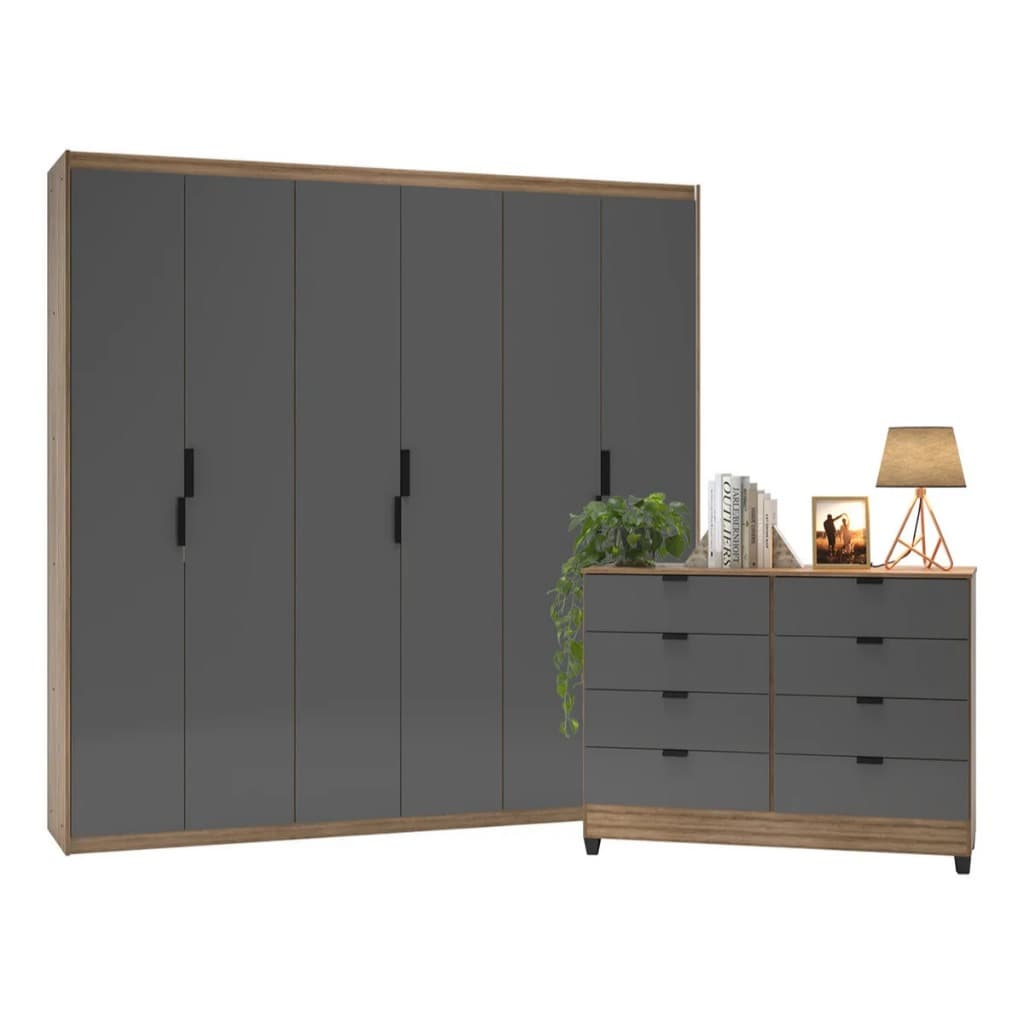 Guarda-Roupa 6 Portas + Cômoda 8 Gavetas Puxador Metálico Design Industrial Para Quarto