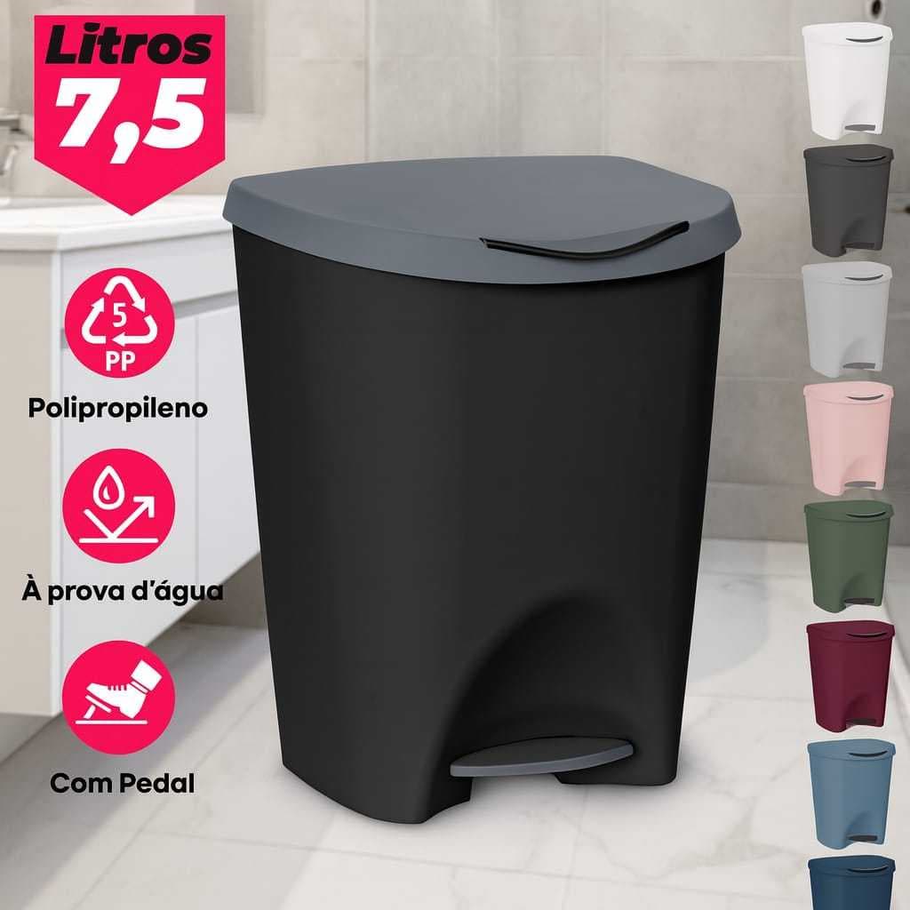 Lixeira Com Pedal 7,5 Litros Para Cozinha Banheiro Escritorios  Diversas Cores Acabamento Polido  Moderna Alta Qualidade