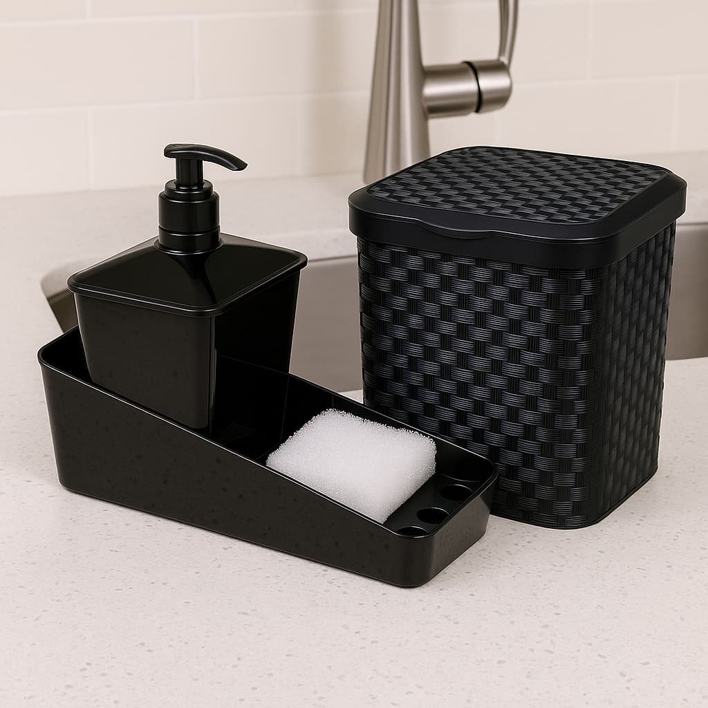 Kit lixeira 4L para pia com porta detergente bucha para cozinha area de lazer cor preto