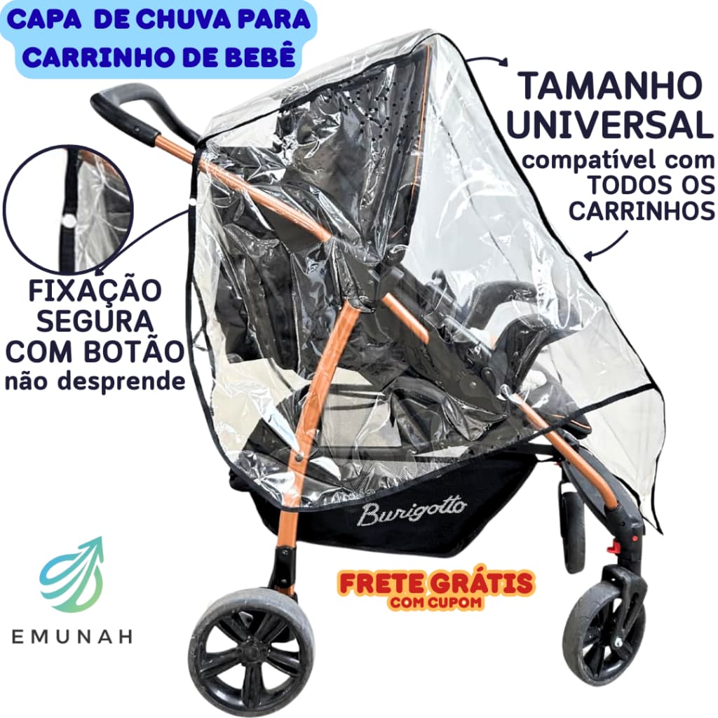 Protetor Carrinho de Bebê Universal Transparente PVC - Chuva, Vento, Poeira. Fácil Instalar/Remover