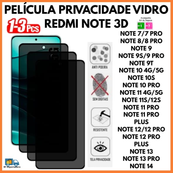 Película De Privacidade 3D Vidro Redmi Note 7 8 8PRO 9 9S PRO 9T 10 4G/5G PRO 11 4G/5G PRO PLUS 12 13 14 PRO PLUS