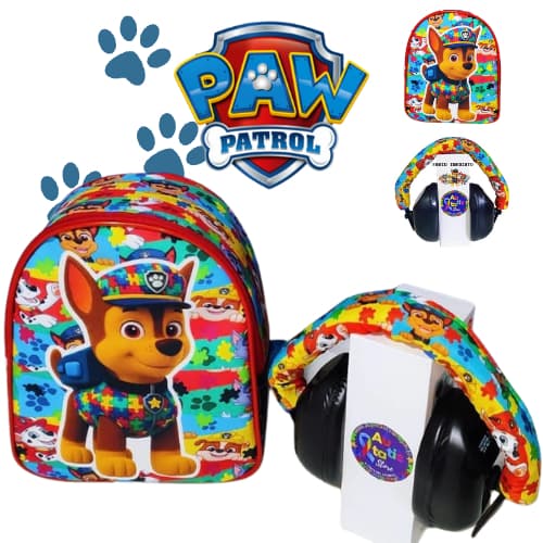 🎧 Kit Abafador de Ruídos Infantil Patrulha Canina + Mochila 22cm | Proteção Auditiva Autismo Sensibilidade Sonora