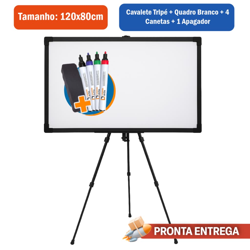 Kit Quadro Branco 120x80cm + Tripé Cavalete Stalo Regulável + 4 Canetas + 1 Apagador | Lousa Branca