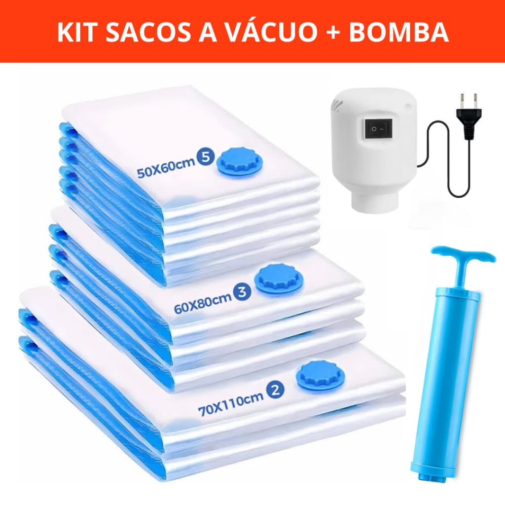 Kit Saco a Vacuo Organizador 50x60 60x80 70x110 Viagem Medidas Inclui Bomba Elétrica Manual