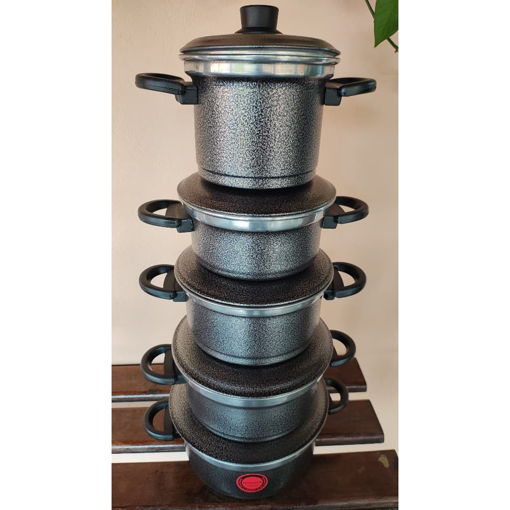 Jogo de Panelas com Tampas de Alumínio Conjunto Kit 5 Peças de Alumínio na Cor Preta Craqueada 14x22