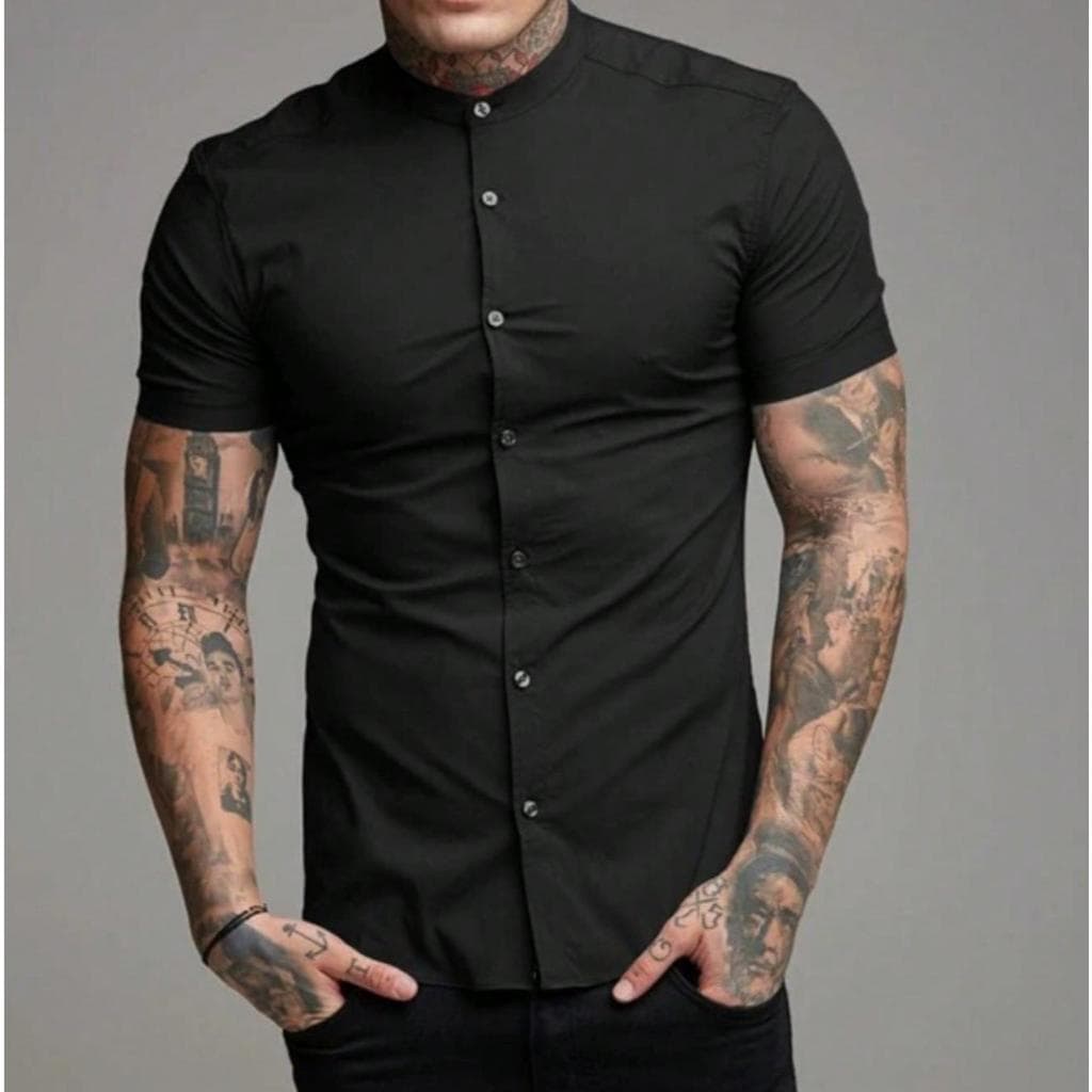 Camisa Social Masculina Gola Padre de Luxo Com Manga Curta Slim Fit Linho e Viscose Tecido Premium