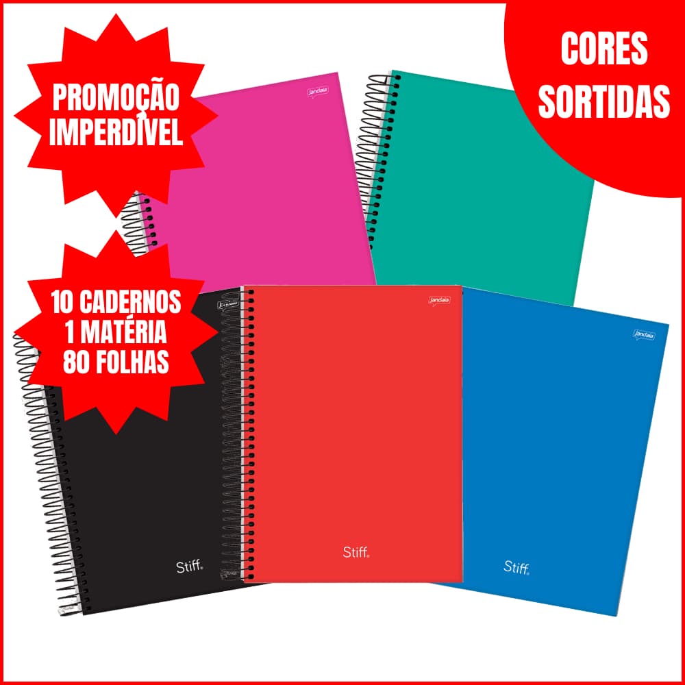 Kit 10 Cadernos Stiff Universitário 1 Matéria Jandaia 80 Folhas Capa Dura Grande