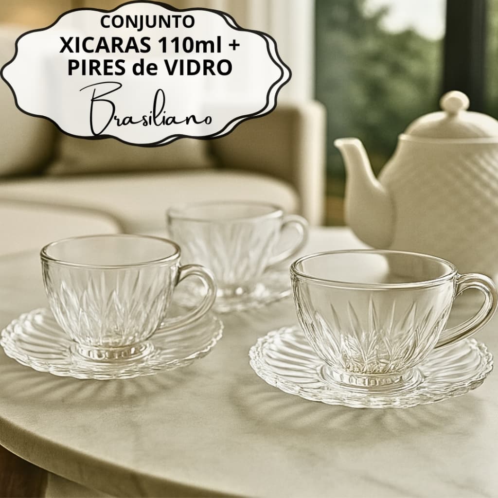 Kit De Xícaras + Pires De Vidro Trabalhado Com 6 OU 12 Peças De 110ML   Designers Brasiliano