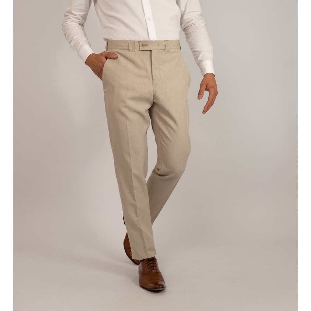 Calça Social Masculina Alfaiataria Slim Areia Textura tipo Linho, Cós Transpassado, Sem Barra