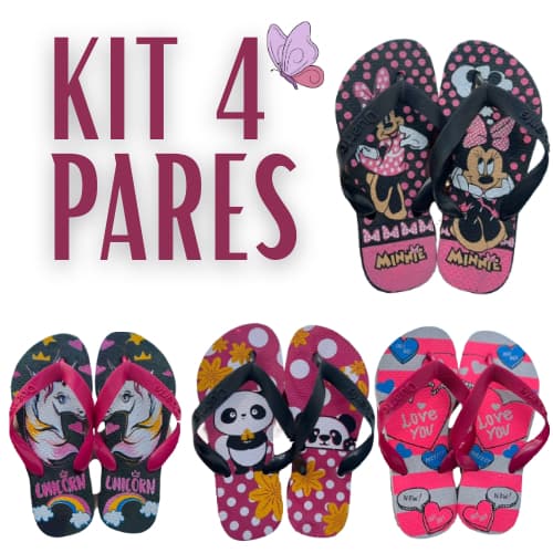 Kit 4 Pares de Chinelo Infantil Feminino Menina Personagens