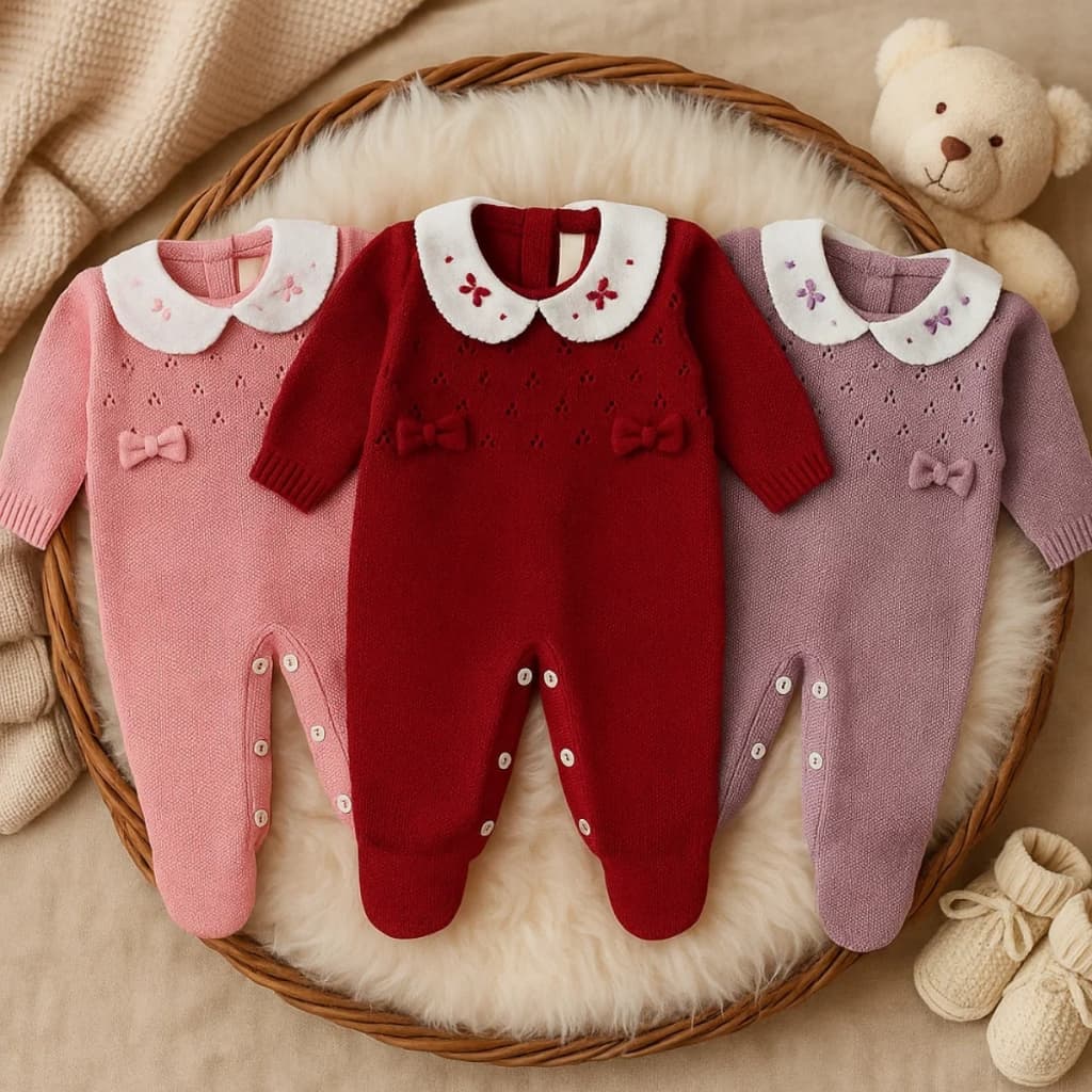 Macacão Tricô Bebê Menina Luxo Maternidade RN com Gola Bordada e Laço