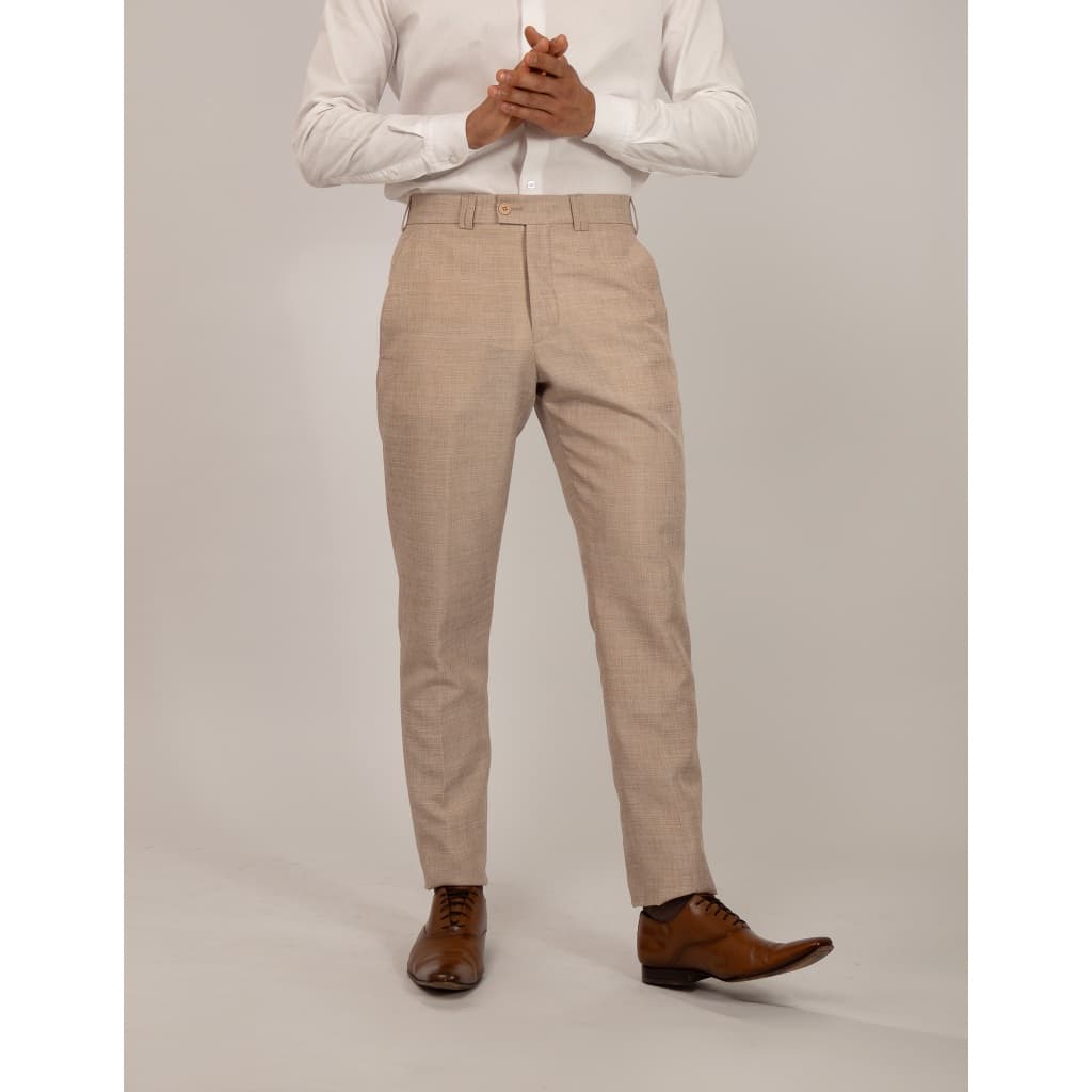 Calça Social Masculina Alfaiataria Slim Salmão Textura tipo Linho, Cós Transpassado, Sem Barra