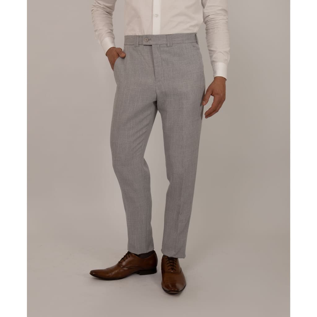 Calça Social Masculina Alfaiataria Slim Cinza Claro Textura tipo Linho, Cós Transpassado, Sem Barra