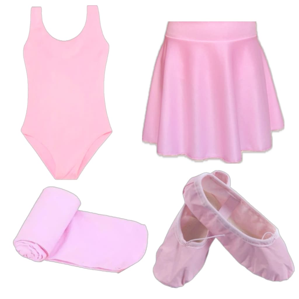 Kit Ballet Infantil Rosa Com 4 Itens: Collant Regata + Saia Cós + Meia + Sapatilha