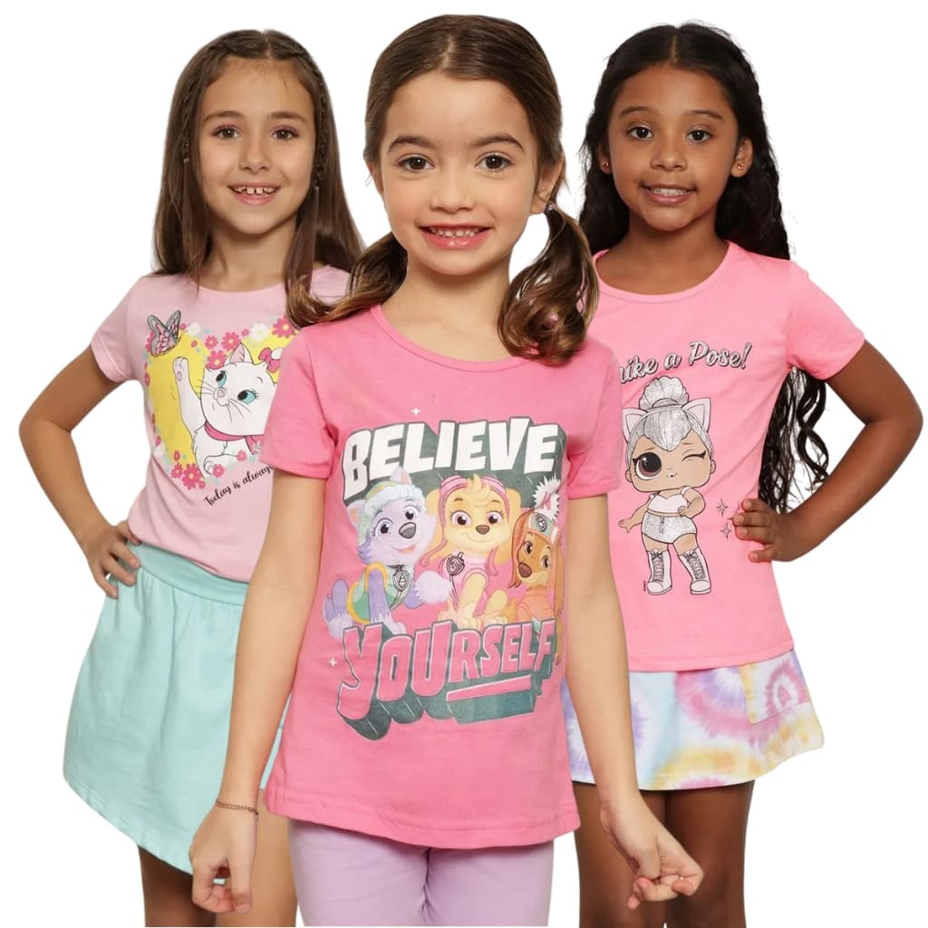 Kit 5 Camisetas Infantil Feminina Manga Curta 100% Algodão Personagens 2 à 8 Anos