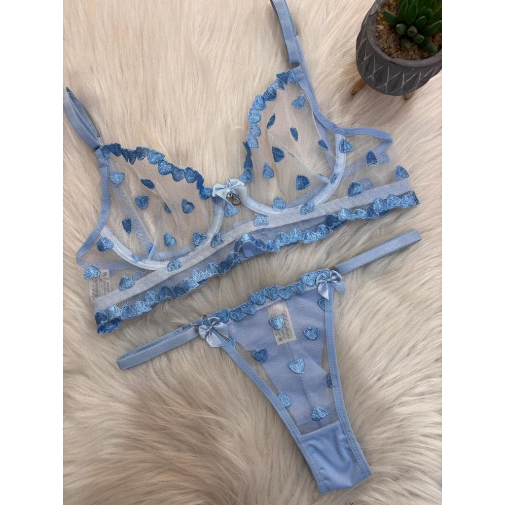 Conjunto Lingerie Sutiã Tule Transparente Bordado Fio duplo Tule Regulagem Laço Moda Íntima Feminino