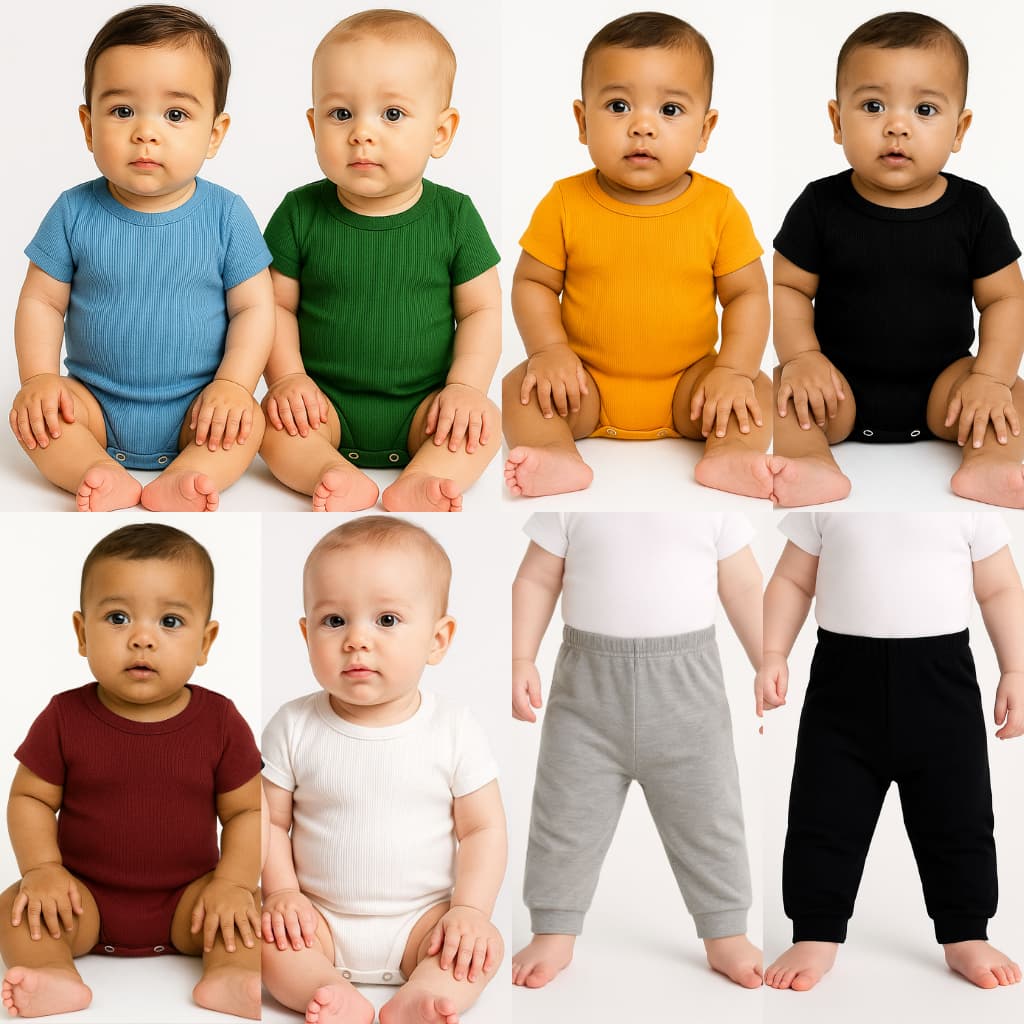 Kit 4 Peças Bebê 3 Body Manga Curta e 1 Calça Mijão RN P M Atacado Masculino Feminino Enxoval.