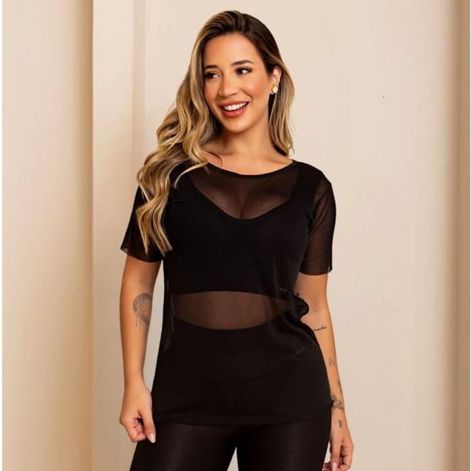 Blusa Feminina Transparente De Tule Manga Curta Camiseta Academia Treino Fitness Musculação