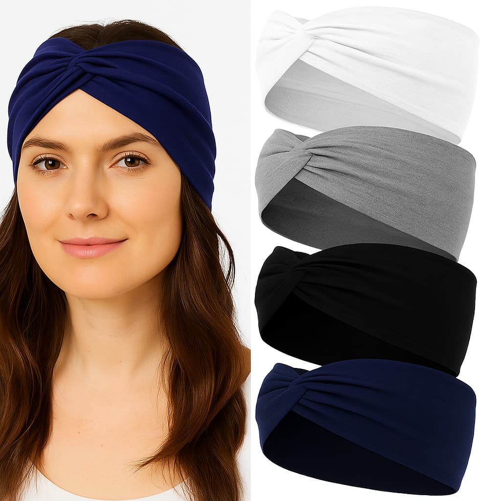 4 pcs faixa de cabeça larga - Mistura macia, Estilo Turbante com Nó para yoga, Corrida e Esportes
