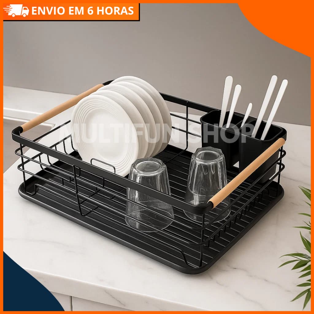 Escorredor de Louças Aço Inox com Alças de Bambu – Bandeja Drenagem + Suporte Talheres para Bancada