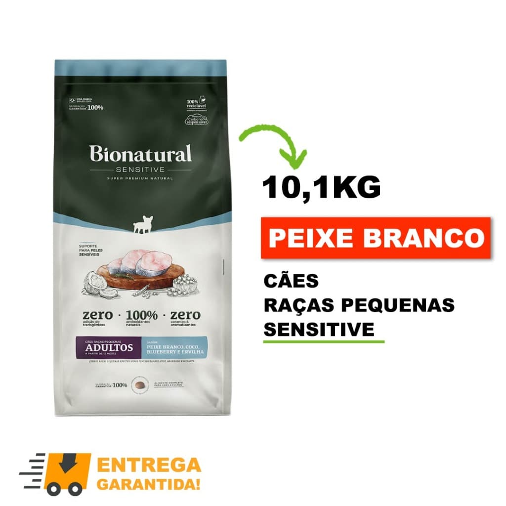 Ração Bionatural Sensitive Cães Adultos Raças Pequenas sabor Peixe Branco 10,1KG-Envio Imediato