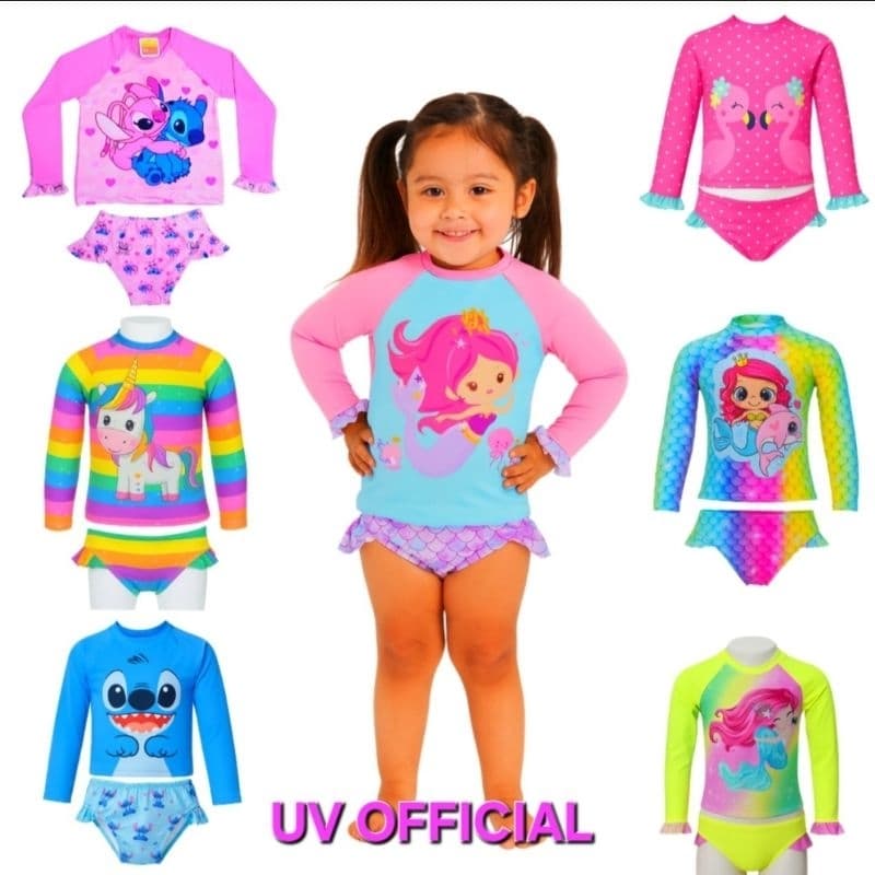 Conjunto Kit de Biquíni Infantil com Blusa Proteção Solar UV 50+ Sereia Unicórnio Praia Piscina Natação Menina Infantil