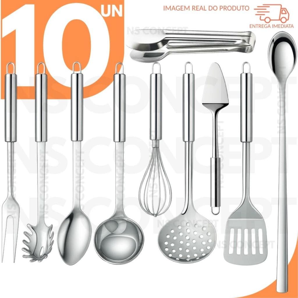 Kit 10 Utensílios De Cozinha Inox Premium Completo, Colher, Concha, Escumadeira, Espátula, Pegador, Garfo, Fue, Colher..