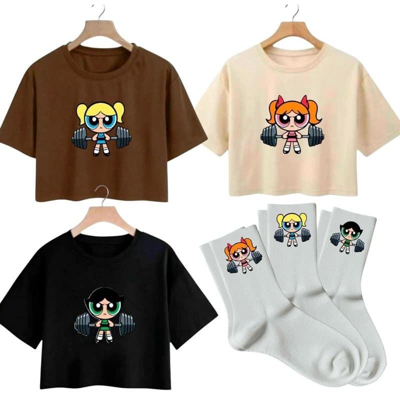 kit 3 Cropedd e 3 Meias Super Poderosas Blusinha Academia