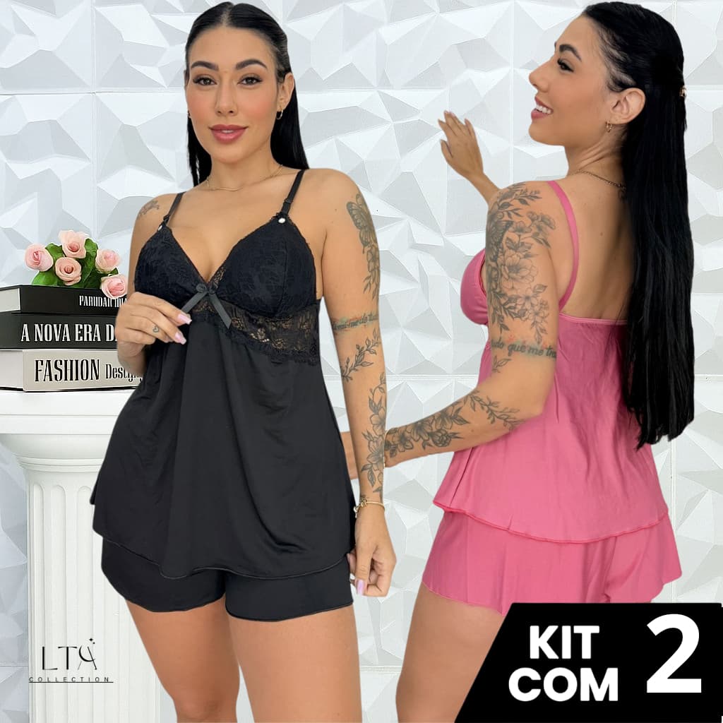 KIT 2 Baby Doll Amamentação para Maternidade Pijama Gestante Pós Parto Abre Fácil