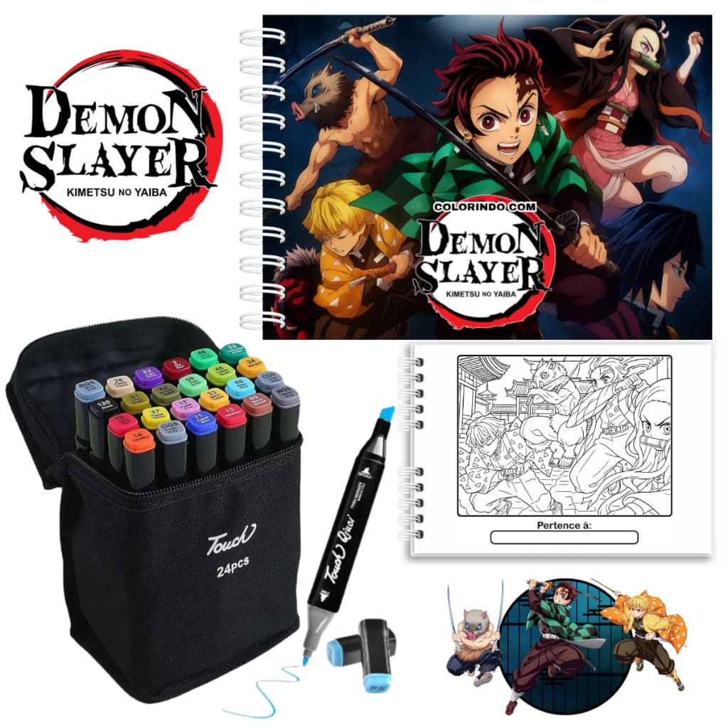 Kit Livro de Colorir Demon Slayer Capa Dura + Jogo de Canetinhas 24/36/48/60 Cores