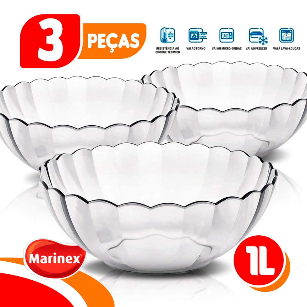 KIT 3 Tigelas Saladeira Bella Bowl Marinex 1L Vidro Sobremesa Forno Micro-ondas Multiuso Culinária