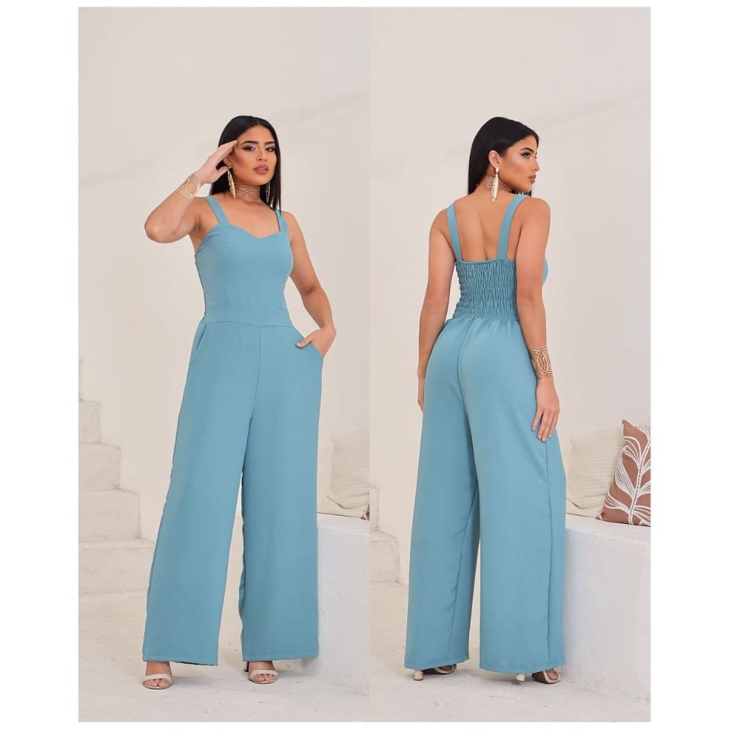 Macacão Feminino Longo com Bolso Lateral Lastex nas Costas Alça Grossa Elegante