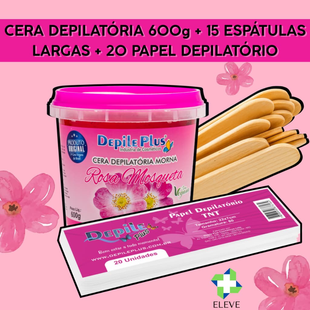 Kit Cera Depilatória Depile Plus 600g + 20 Papel Depilatório + 15 Espátulas de Madeira Depilação