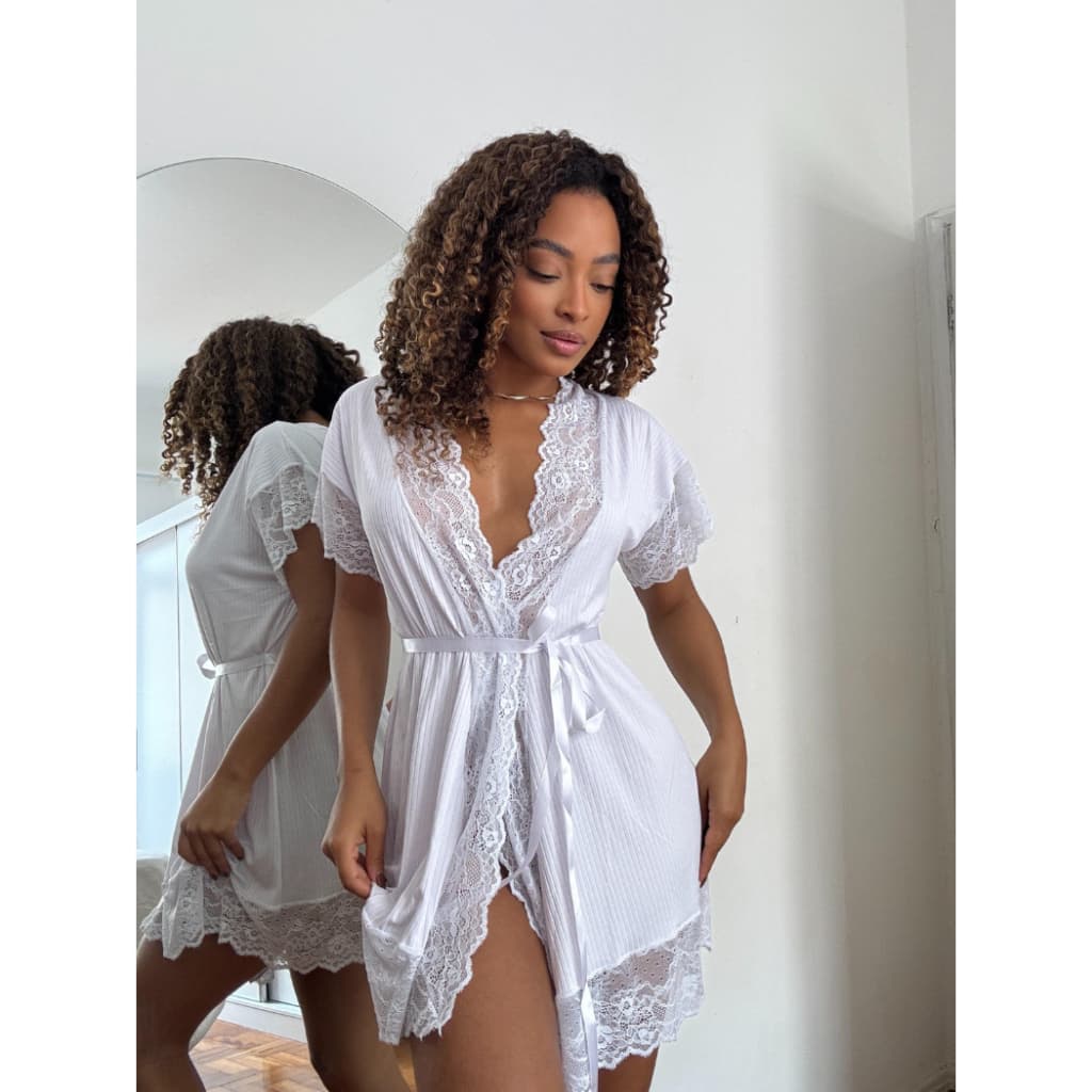 Hobby Canelado Robe Manga Curta Com Renda Laço Cetim Noiva