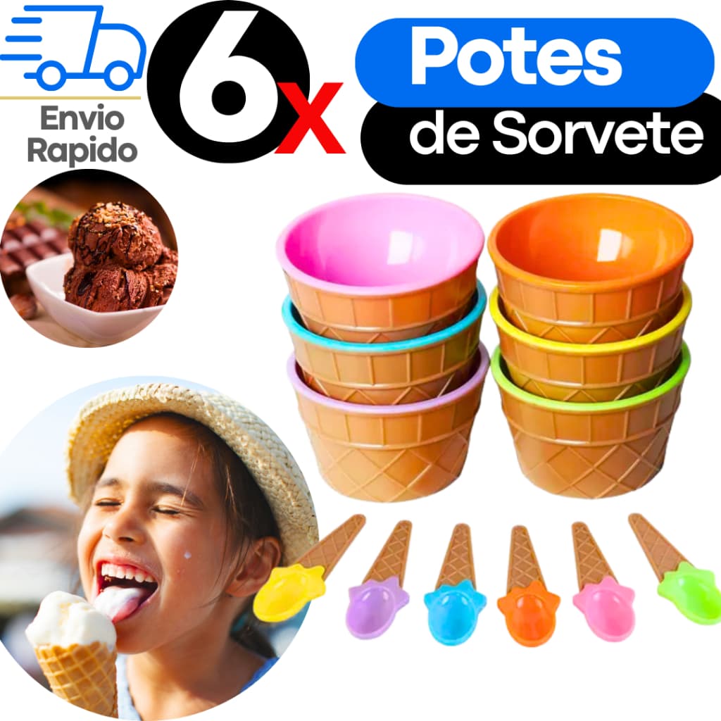 Conjunto 6 Copos Tigelas para Sobremesa Sorvete ‒ Com Colher Inclusa
