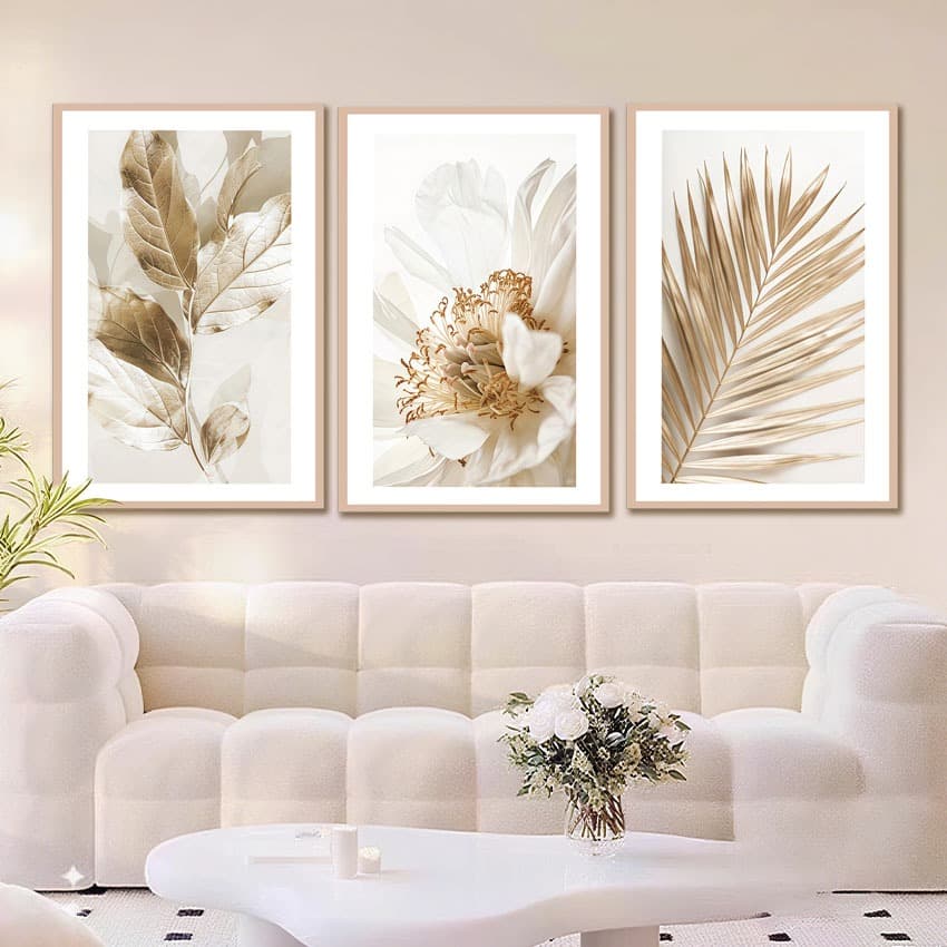 Kit 3 Quadros Decorativos FolhagemDourada Gold Moldura 40X60 cm SalaGrande Moderno