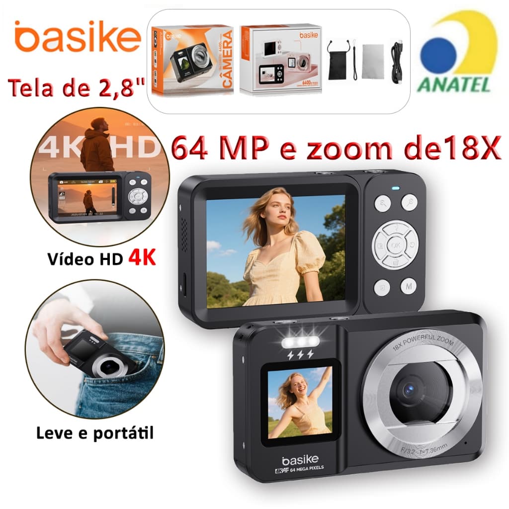 Basike 2026 Câmera Digital 64 megapixels 4K Selfie Zoom 18X Com Tela Flip De 180 Vlog