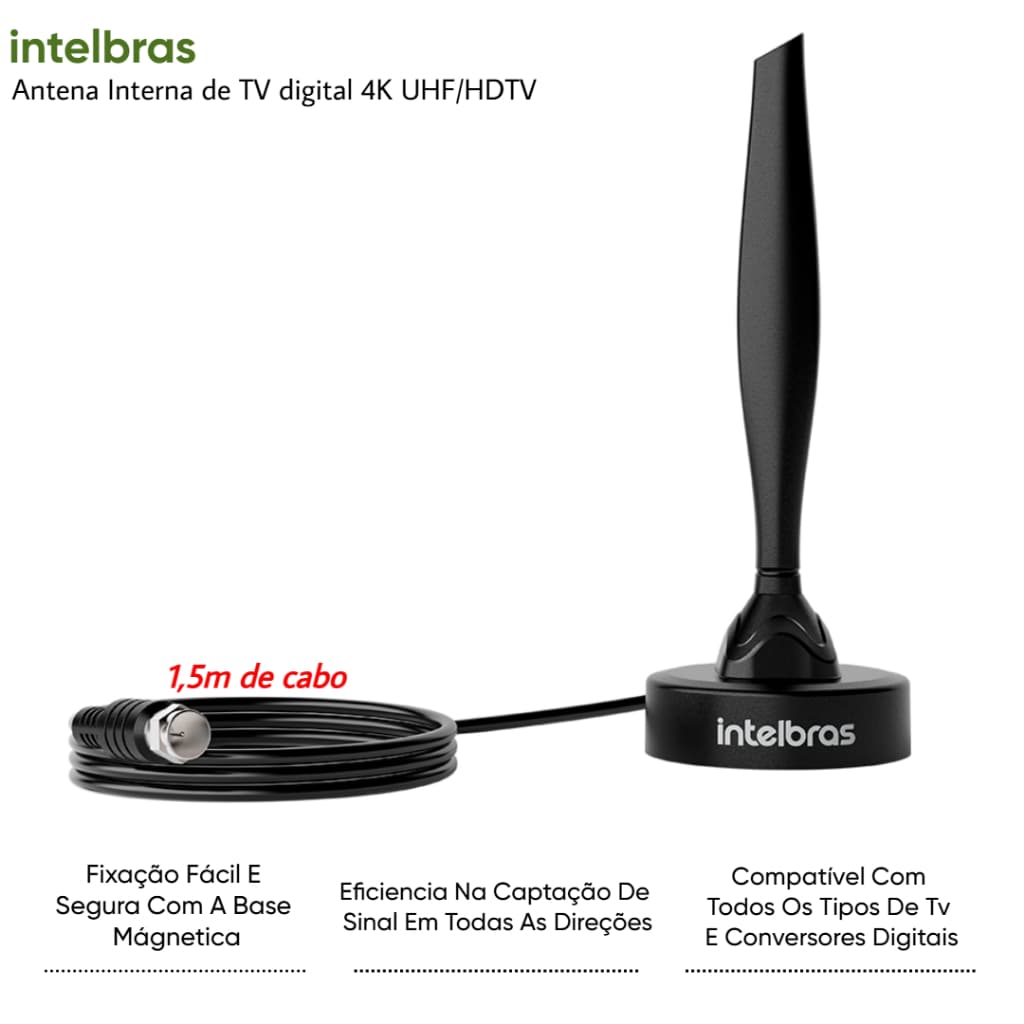 Antena Digital Para TV UHF - HDTV Interna Com Imagens HD 4K Intelbras  AI 1015 - 1,5 Metros de Cabo.